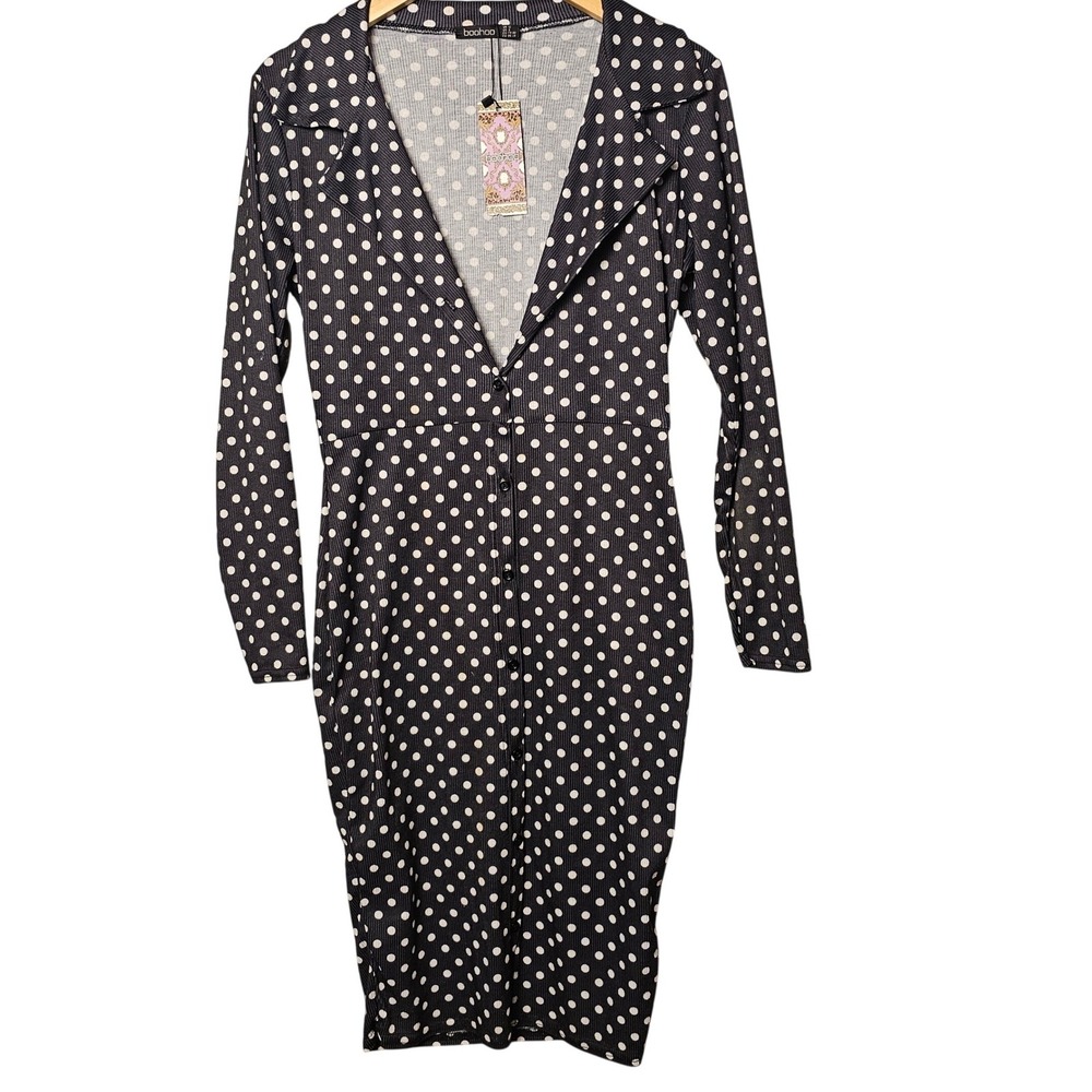 Boohoo Black White Polka Dot Midi Shirt Dress Long Sleeve Ribbed Knit US‎ 8 NEW